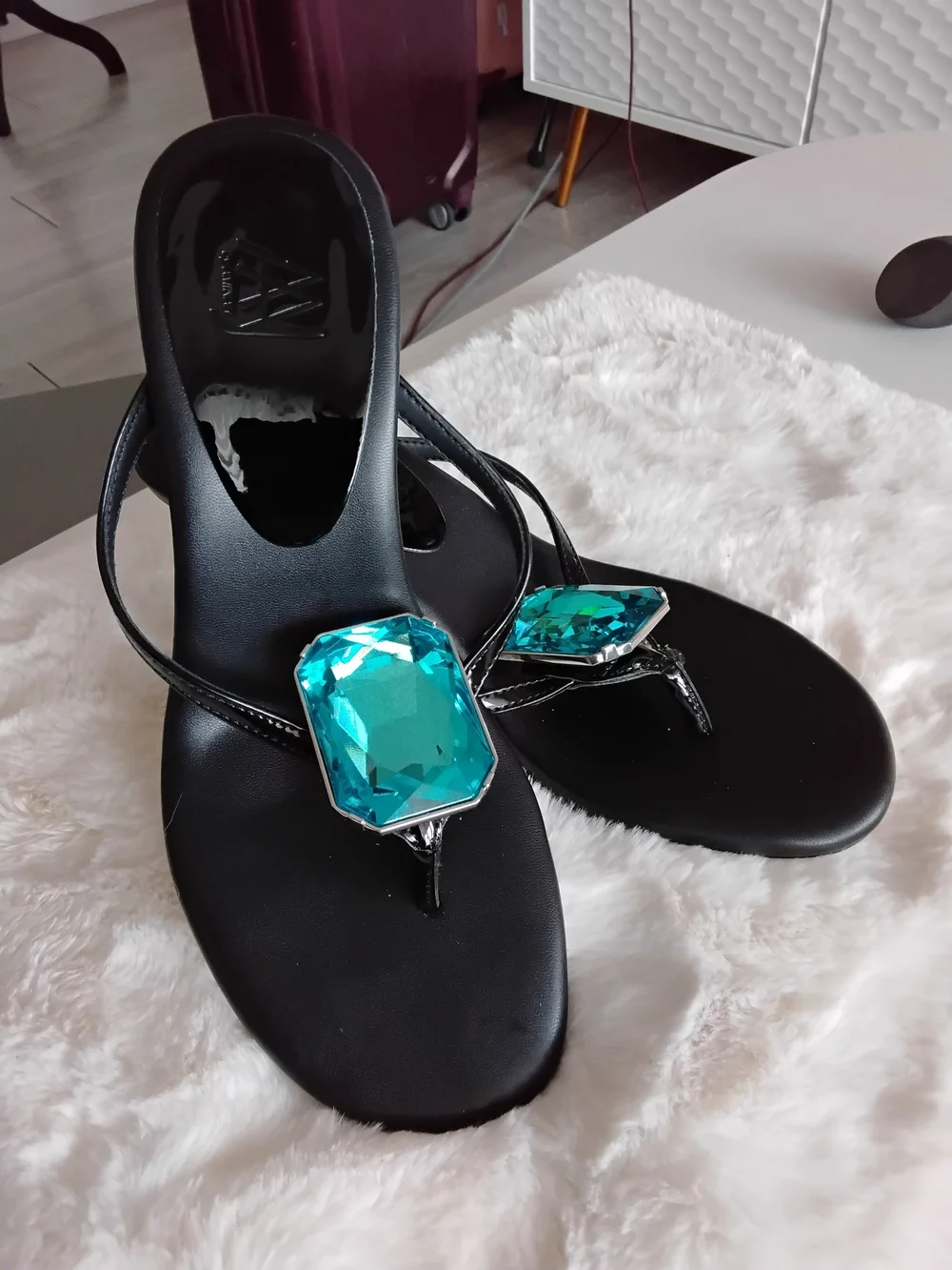 Black Thong Sandal with Large Aqua Gem Accent